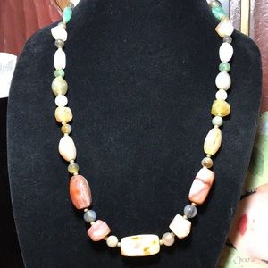 Vintage Travelers Stone Necklace 24”L Bohemian Mixed Agate Crystal Brass